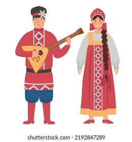 Cartoon men's and women's costumes of Russia character for children. Flat vector illustration