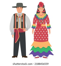 Cartoon men's and women's costumes of Spain character for children. Flat vector illustration