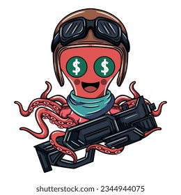 Caricatura mercenaria piloto personaje de pulpo con casco de aviador. Ilustración para fantasía, ciencia ficción y cómics de aventura