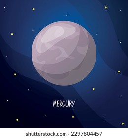 Cartoon mercury planet for kids education. Solar system planets on the sky with stars. Astronomy cosmic galaxy space. 