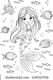 Cartoon mermaid among exotic fishes. Vector outline for coloring book