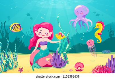 Cartoon mermaid background with fish, rocks, seaweed, pearl, jellyfish, coral, starfish, octopus, sea horse Underwater sea life cute character design Vector illustration