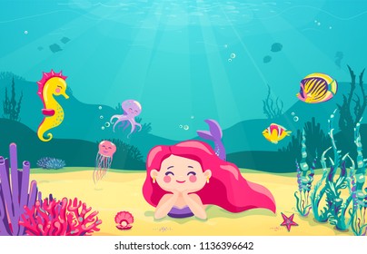 Cartoon mermaid background with fish, rocks, seaweed, pearl, jellyfish, coral, starfish, octopus, sea horse Underwater sea life cute character design Vector illustration