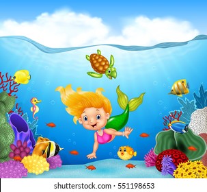 Cartoon mermaid with beautiful underwater world