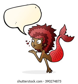 cartoon mermaid blowing a kiss with speech bubble