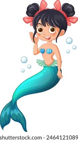 Cartoon mermaid with blue tail and red bows