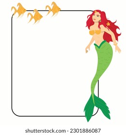 Cartoon mermaid with border. Cute child illustration. Scrapbook design concept. Insert your picture. 