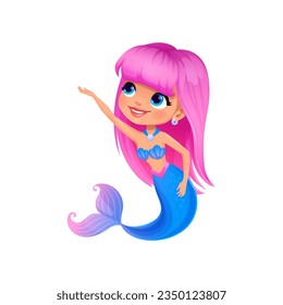 Cartoon mermaid character. Adorable cute underwater sea princess with pink flowing hair, blue shimmering tail, and friendly smile. Isolated vector personage ready to dive into magic adventure story