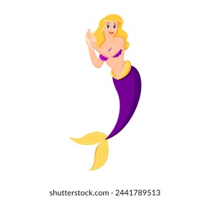 Cartoon mermaid character. Adorable cute vector underwater sea princess with blond hair, purple tail and friendly smile holding shell in hand, ready to dive into magic pirate adventure fairytale story