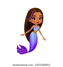 Cartoon mermaid character. Isolated vector adorable underwater princess with dark skin and playful expression, flowing hair, and purple shimmering tail. Fairytale story or game whimsical personage