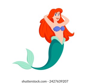 Cartoon mermaid character. Isolated vector fairytale underwater princess personage, with colorful green tail, flowing, long, red hair and a mischievous eyes. Fantasy, playful and enchanting sea girl