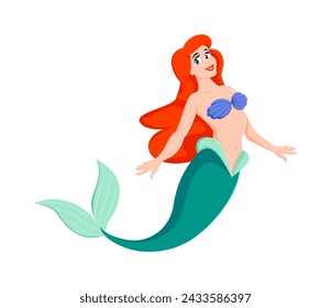 Cartoon mermaid character. Isolated vector underwater sea princess with a vibrant green tail, cascading fiery-red locks, and mischievous eyes, embodying a fantasy realm of playfulness and enchantment