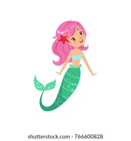 Cartoon mermaid character with pink hair and shiny tail. Beautiful mythical water creature. Underwater life concept. Flat vector illustration