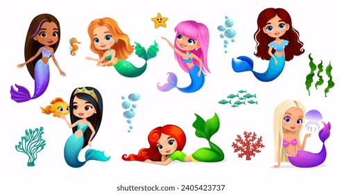Personajes de la sirena de dibujos animados de la linda princesa del mar con animales de agua del océano. Personajes vectores de niñas hadas bajo el agua, sirenas con peces, caballitos de mar, peces estrella y corales, medusas y algas marinas