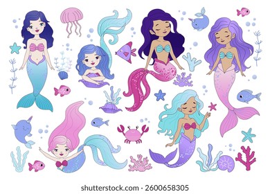 Cartoon mermaid characters. Little sea princesses with ocean water animals. Vector characters of fairy underwater girls, mermaids with fish, starfish and corals, jellyfish and seaweed