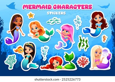 Cartoon mermaid characters stickers of cute underwater little girls with sea animals, vector icons. Cartoon baby mermaid characters of undersea water princess and pretty sirens in ocean water