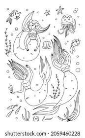 Cartoon mermaid. Coloring book page. Cute little underwater line character, princess with fish tail, adorable ocean fantasy outline creature, kids fairy tale girl vector isolated illustration