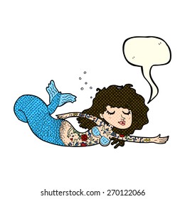 cartoon mermaid covered in tattoos with speech bubble