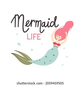 Cartoon mermaid. Cute little underwater character, princess with fish tail, adorable ocean fantasy creature, kids fairy tale girl, t-shirt print or poster with lettering, vector isolated illustration
