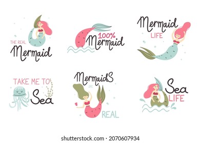 Cartoon mermaid. Cute little underwater character, princess with fish tail, adorable ocean fantasy creature, kids fairy tale girl, t-shirt print or poster, lettering set, vector isolated illustration