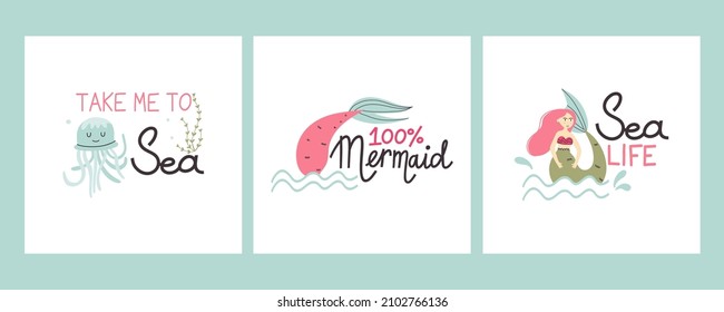 Cartoon mermaid. Cute little underwater character, princess with fish tail, adorable ocean fantasy creature, kids fairy tale girl, t-shirt print or poster, lettering set, vector isolated illustration