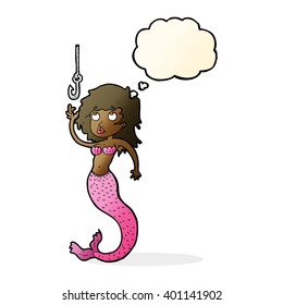 cartoon mermaid and fish hook with thought bubble