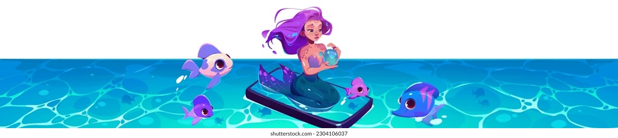 Cartoon Meerjungfrau schwimmt auf der Wasseroberfläche mit Blase in den Händen, umgeben von glücklichen Fischen. Vektorgrafik der fantasy-weiblichen Kreatur mit violettem Haar und Fischschwanz. Fantastischer Charakter