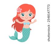 A cartoon mermaid with a flower on her head. She is smiling and waving. The mermaid is wearing a blue and green shell