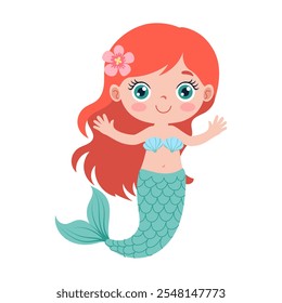 A cartoon mermaid with a flower on her head. She is smiling and waving. The mermaid is wearing a blue and green shell