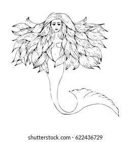 Cartoon mermaid with flying hair. Hand drawing isolated objects on white background. Vector illustration. Coloring book.