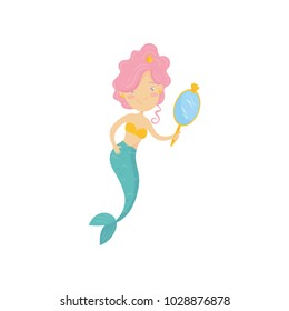 Cartoon mermaid with golden mirror in hand. Mythical underwater creature. Cute girl with pink hair and fish tail. Flat vector design for children book or postcard