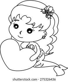 Cartoon mermaid with heart.coloring version.