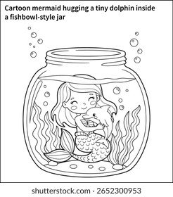 A cartoon mermaid hugging a tiny dolphin inside a fishbowl-style jar, with wavy sea plants and bubble trails.
