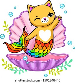 Cartoon mermaid kitten with rainbow fish tail in pink seashell. Vector illustration on transparent background.