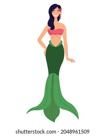 Cartoon mermaid with long tail. Halloween costume for girl. Fairy tale character.