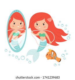 Cartoon mermaid looking in the mirror. Mermaid and clownfish decorate themselves with jewelry. Vector kawaii characters. Illustration for children book or greeting card.