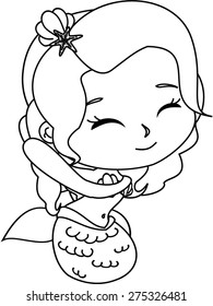 Cartoon mermaid making a new hairstyle.coloring version.
