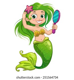 Cartoon mermaid with mirror, vector isolated illustration