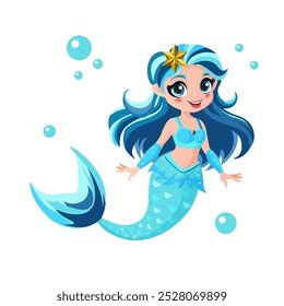 Сsereia marinha com uma estrela no cabelo e um pingente em azul monocromático em um estilo de desenho animado. A princesa do mar. Ilustração vetorial para um convite de festa, cartão de saudação, cartaz, impressão.
