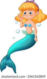 Cartoon mermaid with orange hair waving cheerfully