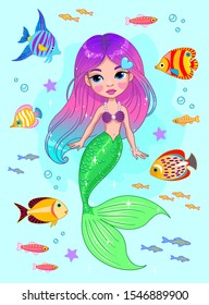 Cartoon mermaid with pink hair among colorful exotic fishes. Vector illustration