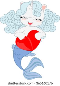 Cartoon mermaid pony with curly hair.
