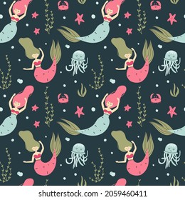 Cartoon mermaid seamless pattern. Cute little underwater character, princess with fish tail, fantasy creature, kids fairy tale girl. Decor textile, wrapping paper wallpaper, vector print or fabric