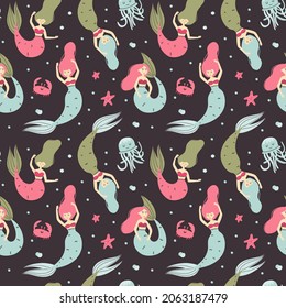 Cartoon mermaid seamless pattern. Cute little underwater character, princess with fish tail, fantasy creature, kids fairy tale girl. Decor textile, wrapping paper wallpaper, vector print or fabric