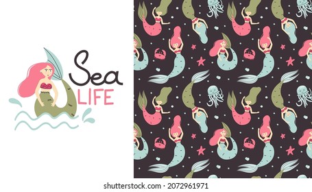 Cartoon mermaid seamless pattern and illustartion. Cute underwater character, childish clothers set, kids fairy tale girl, t-shirt print or poster with lettering. Kids decor textile vector print