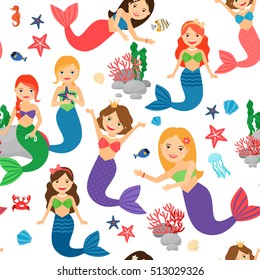 Cartoon mermaid seamless pattern on transparent background. Vector illustration