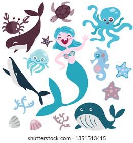 Cartoon mermaid siren tropic fish sea starfish various seashells jellyfish octopus. Vector illustration.