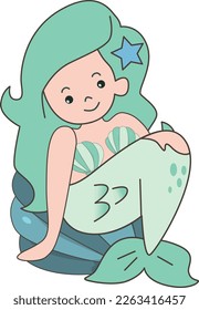 Cartoon mermaid sits rock