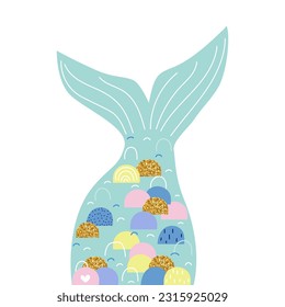 Cartoon mermaid tail with colorful scales. Childish graphic. Vector hand drawn illustration.