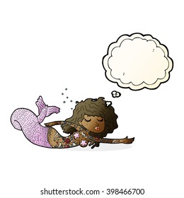 cartoon mermaid with tattoos with thought bubble